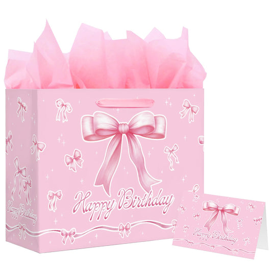 Happy Birthday Gift Bag with Card & Tissue Paper - Pink Bow Party Favor Birthday Bag for Kids, Medium Size 13x10.2x4.9 Inches, Ideal for Birthday Decorations