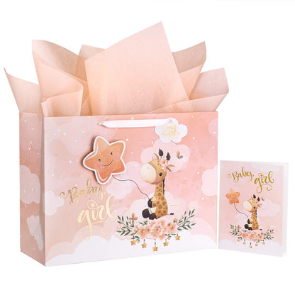 WRAPAHOLIC 16" Extra Large Baby Girl Gift Bag with Card and Tissue Paper - For Baby Shower, New Baby