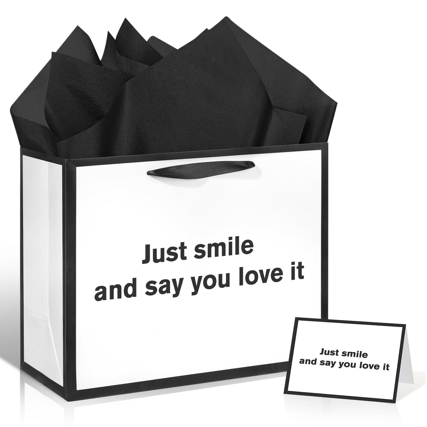 White Funny Gift Bag Just Smile and Say You Love It Gag Gift Bag with Tissue Paper and Greeting Card Inappropriate Snarky Funny Birthday Gift Wrapping Bags for Office Coworker Best Friend Men Women