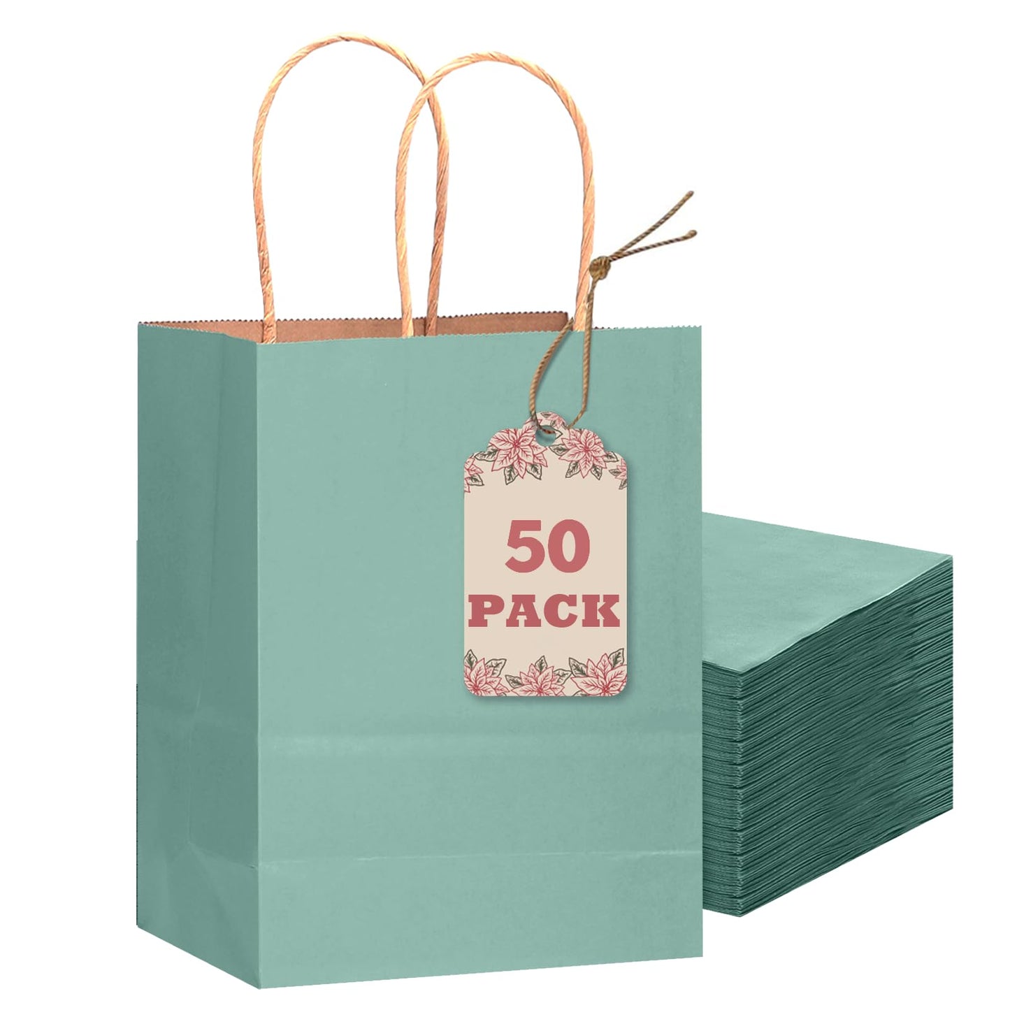 qiqee 50-Packs Gift Bag with Handles Bulk Kraft Light Blue Paper Bags Multiple Uses (8.3"x3"x6"inch Small Size)
