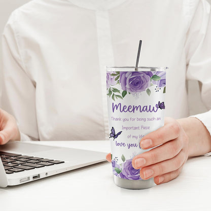 Meemaw Mothers Day Christmas Birthday Thank You Gifts Gift 20oz Travel Coffee Mug Tumbler for Grandma from Grandkids Grandchildren, Memaw Water Stainless Steel Tumbler with Lid and Straw