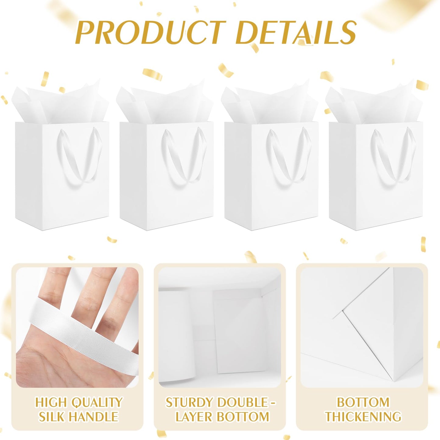 Ethhqu 4 Pack Medium White Gift Bags with Handles, 8x5x10 Inches - Includes 4 Tissue Papers for Birthday Party, Baby Shower, Wedding, Business, Thanksgiving, Christmas (White Medium-4 Pcs)