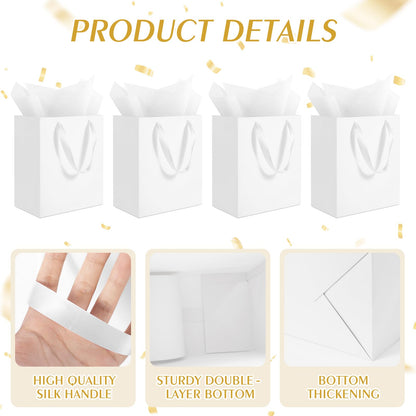 Ethhqu 4 Pack Medium White Gift Bags with Handles, 8x5x10 Inches - Includes 4 Tissue Papers for Birthday Party, Baby Shower, Wedding, Business, Thanksgiving, Christmas (White Medium-4 Pcs)
