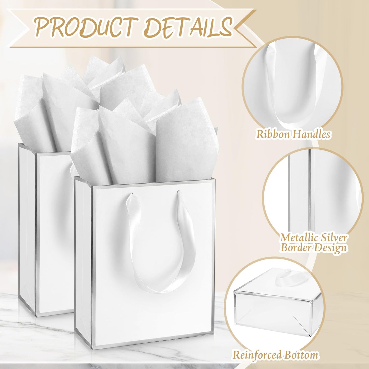 Yeaqee 50 Pack Metallic Gift Bags with Handle and Tissue Paper Gold Foil Thank You Bag for Graduation Wedding Groomsmen Bridal Baby Shower Gifts Holiday Party Favors 9x7x3.15'' (White Silver)