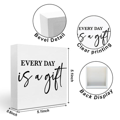 Inspirational Gifts for Women Men Friends, Everyday Is A Gift Wood Box Sign Decor for Home Room Office Cubicle Desk Shelf, Rustic Wooden Box Decorative Signs, 5.1x5.1Inch