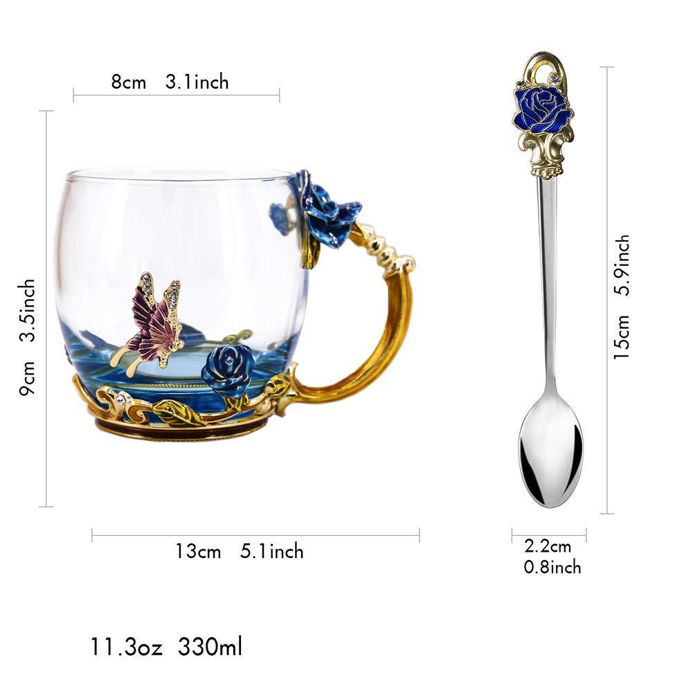Luka Tech Enamels Butterfly flower Lead-free Glass Coffee Mugs Tea Cup with Steel Spoon, personalised Gifts For Women Wife Mom Friends Birthday Mothers Valentines Day Wedding (Blue)