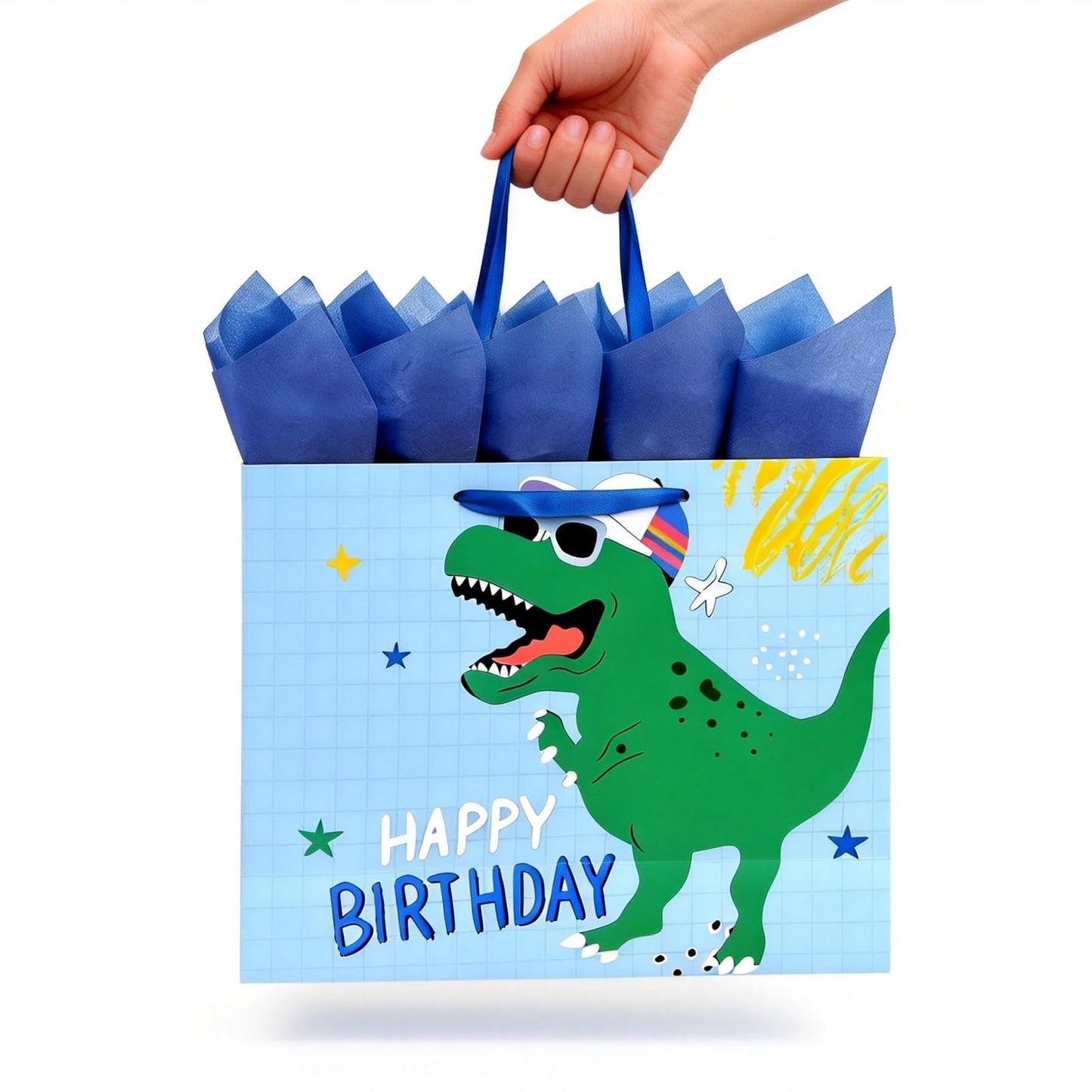 Joliloly 13" Happy Birthday Gift Bag, Dinosaur Print Sturdy Thick Paper Bag for Kids, Reusable Birthday Present Bag with Tissue Paper and Card for Boys Girls, Party Gift Wrapping Supplies