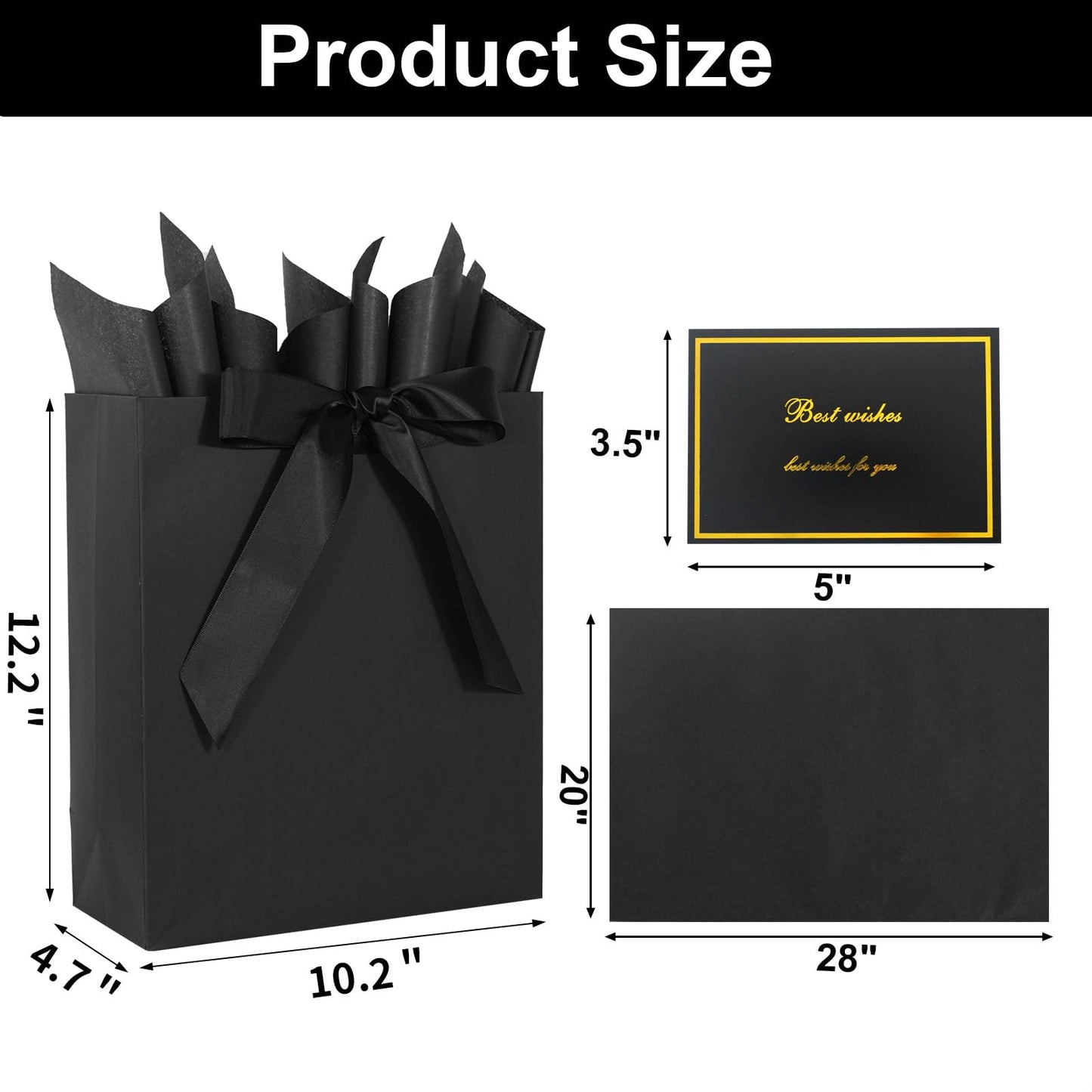 Elegant Black Gift Bag 10.2"x4.7"x12.2" with Ribbons Handles, Includes Card and Tissue Papers for Weddings, Birthdays, Baby Shower, Parties, Holidays