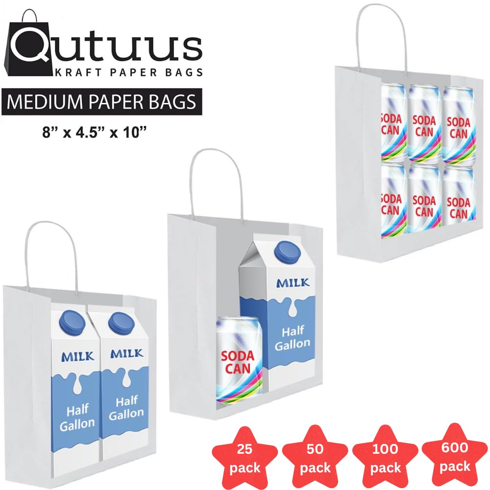 Qutuus White Paper Bags with Handles Bulk 100Pcs 8x4.5x10 White Gift Bags, Recyclable Kraft Paper Bags, Medium Paper Gift Bags for Shopping, Party Favor, Retail, Wedding