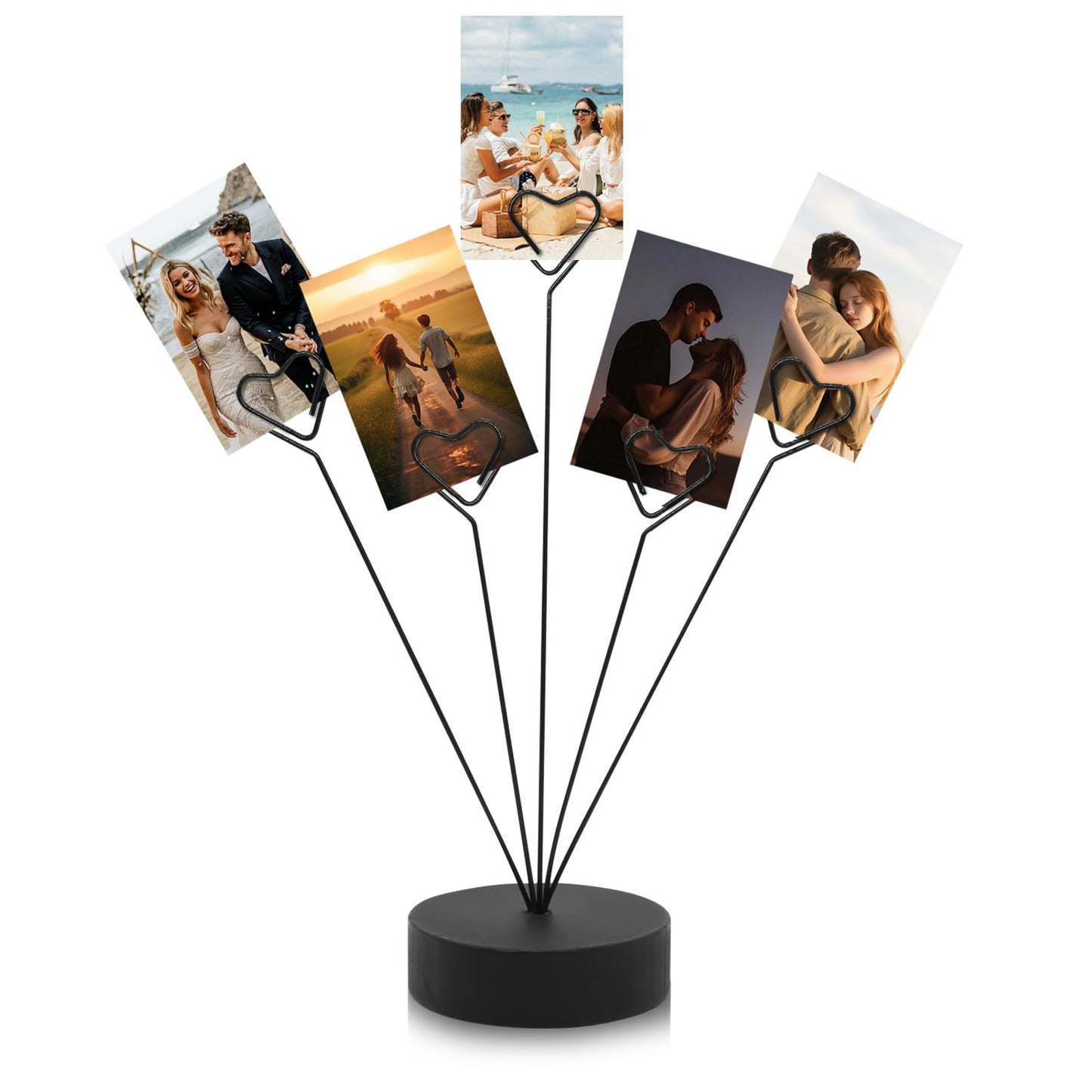 HINGTAI Black Tree Holder for Pictures Desk Photo Display Gift Tree Holder for Party, Heart-Shaped Photo Stand Contains Five Clips, Round Base Suitable as a Gift for Holidays Weddings or Work