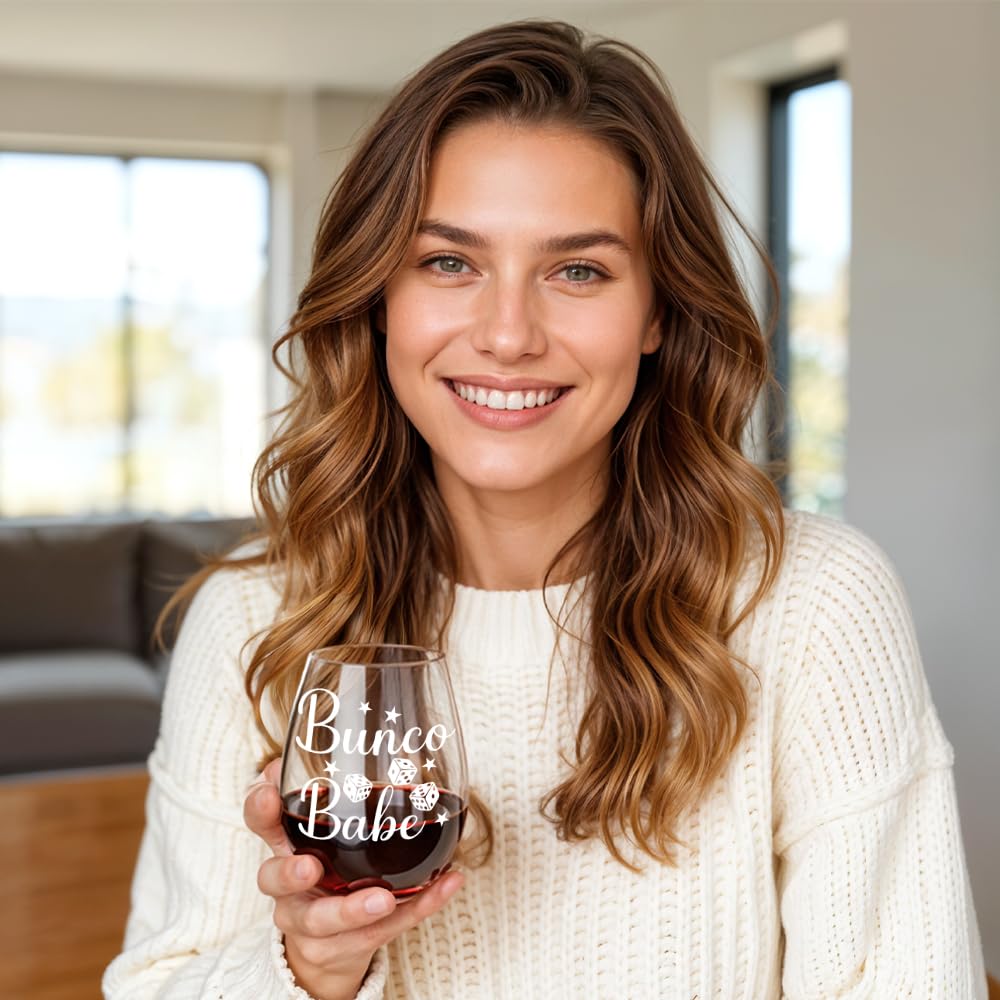 Bunco Babe Funny Stemless Wine Glass for Women, Bunco Party Supplies, Dice Game Night Group Gifts for Women Men Players Sisters Friends, Birthday Christmas Bachelor Gifts for Game Lover Coworker