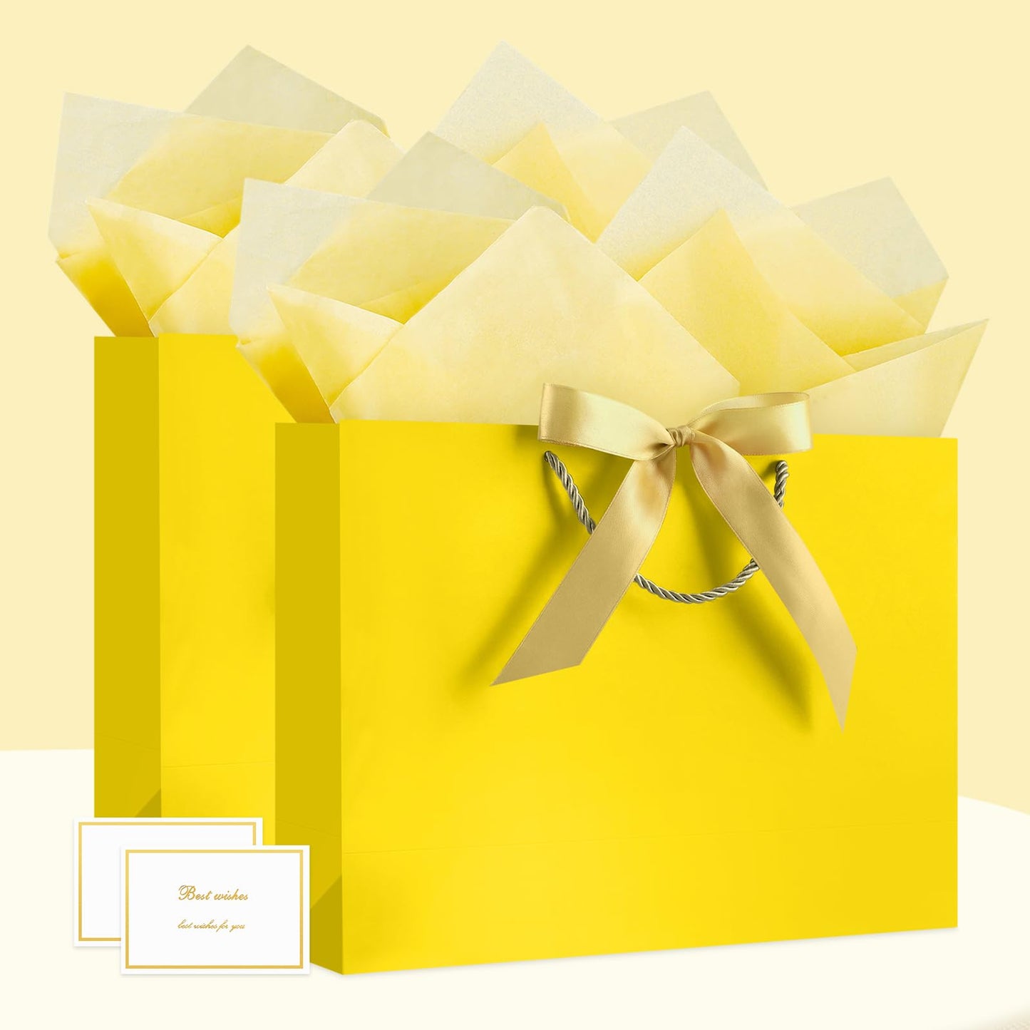 JMANNI Gift Bags with Handles, 13” Medium Gift Bag for Presents, 1 Pcs Bags with 2 Tissue Paper and 1 Cards for Baby Shower Wedding Bridal Shower Mother's Day Birthday Party (Yellow