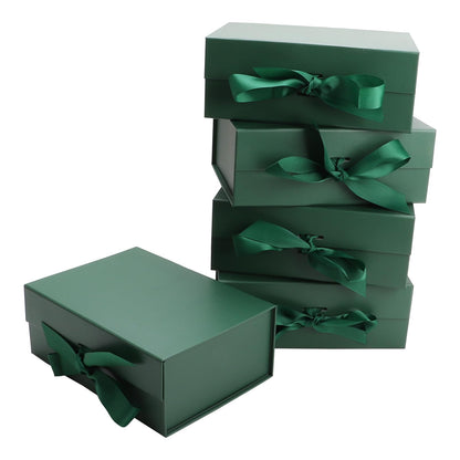 MEIANJU Dark Green Gift Boxes 8.7*W6.5*H3.5inch with Ribbon Foldable Gift Boxes Set of 5 Glossy Finish Magnetic Gift Boxes for Luxury Presentations and Groomsmen Proposal