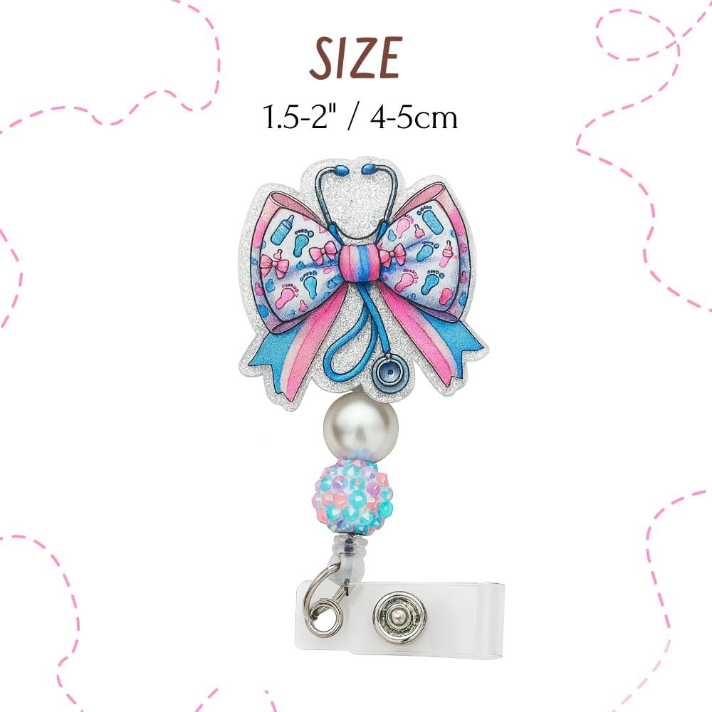 Labor and Delivery Badge Reel Pastel Ribbon Stethoscope Cute Bottle Footprint Nurse ID Name Holder Retractable Clip Medical Work Accessories Gifts for Maternity NICU OB Pediatric Postpartum Midwife