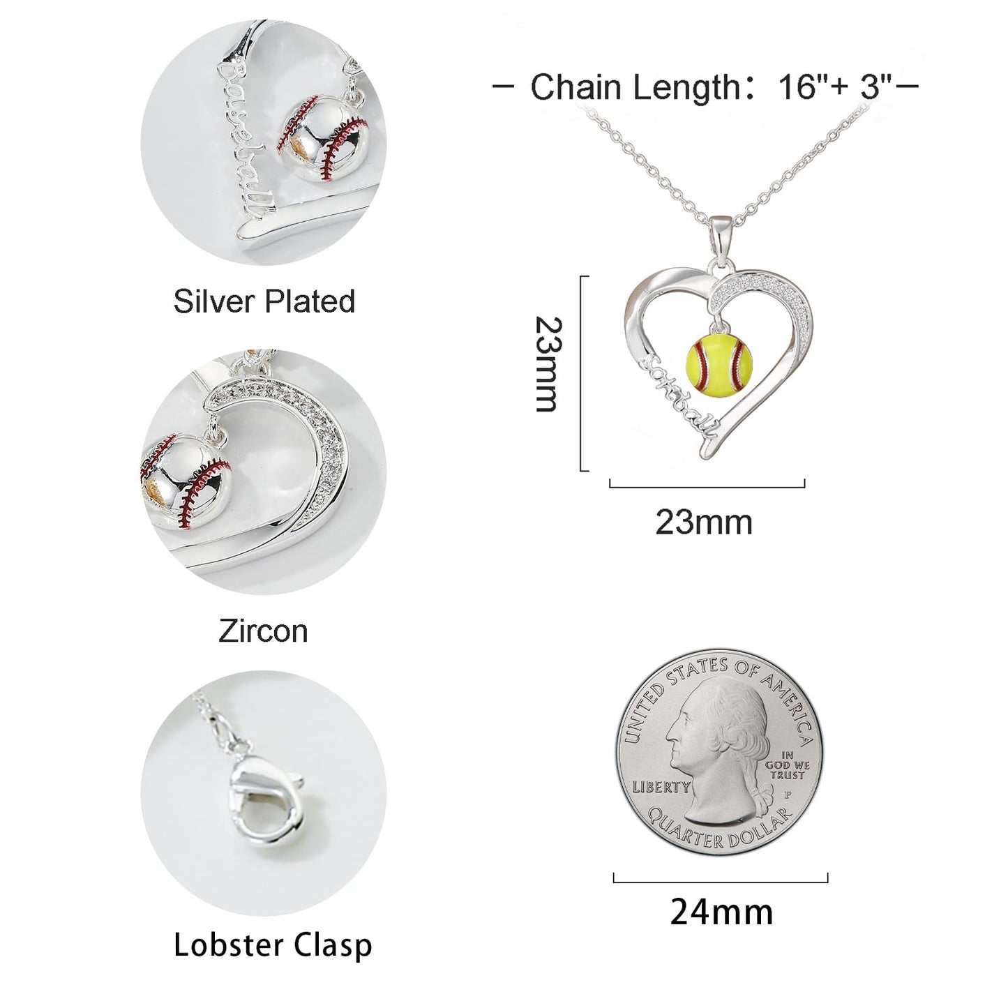 Volleyball/Softball/Basketball/Baseball Necklace Gifts for Girls, Sport Accessories Birthday Christmas Jewelry for Her 16+3 Inches