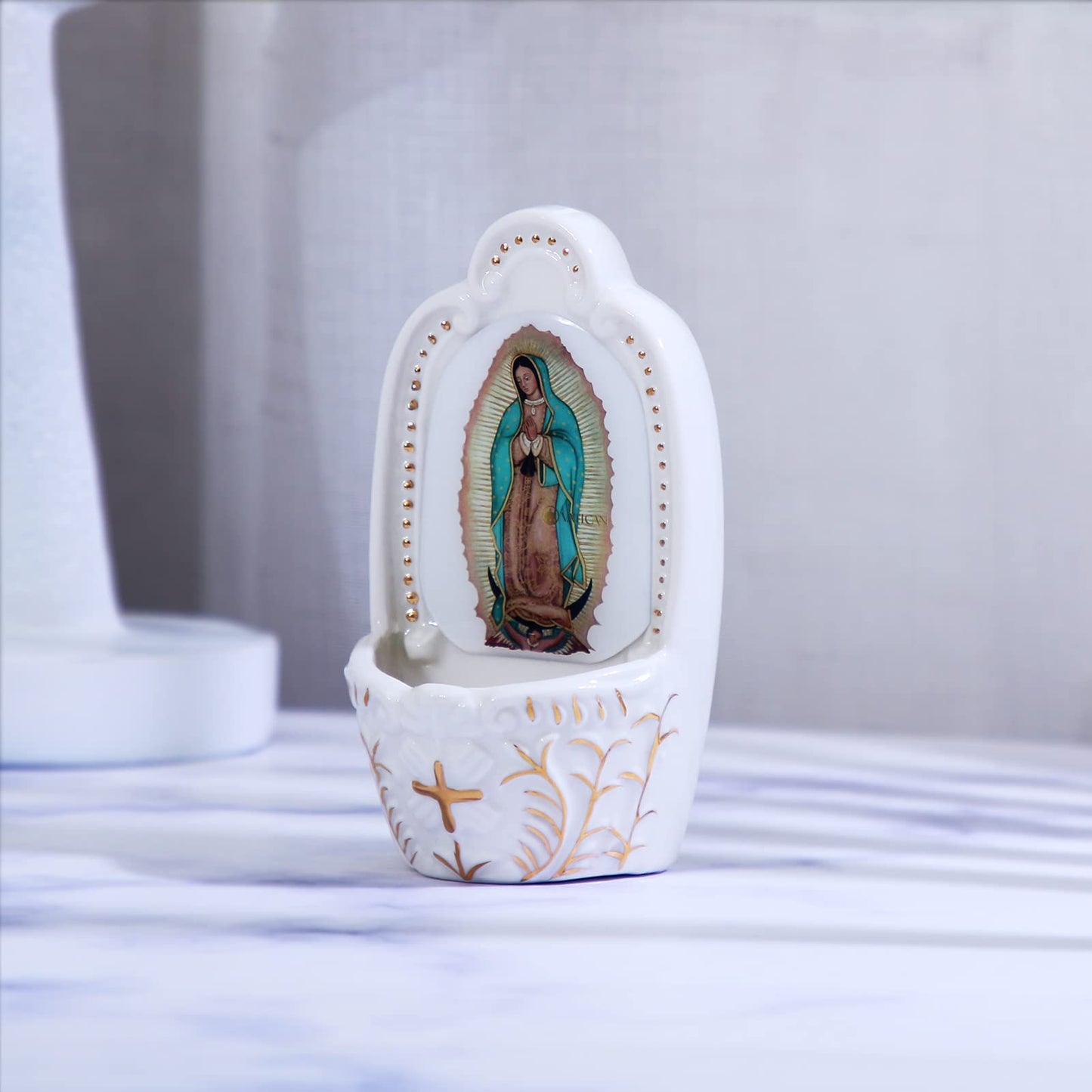 KOMI Porcelain Catholic Holy Water Font Our Lady of Guadalupe Holy Water Font for Entrance of Home Church Wall Hanging Decor Gift for First Communion Confirmation Housewarming Catholic