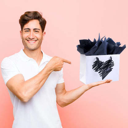 ysmile Large Gift Bag with Tissue Paper for Girl Women Mother Boy Father Birthday Anniversary Valentine 12.6" - White Black Heart