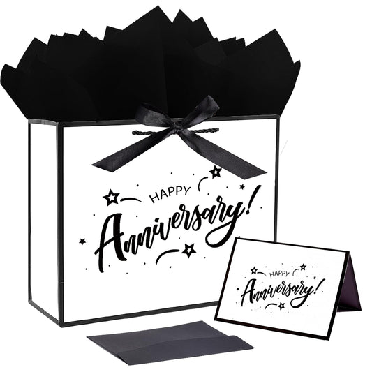 JWSCYSY 12.6" Large White and Metallic Black Happy Anniversary Paper Bag
