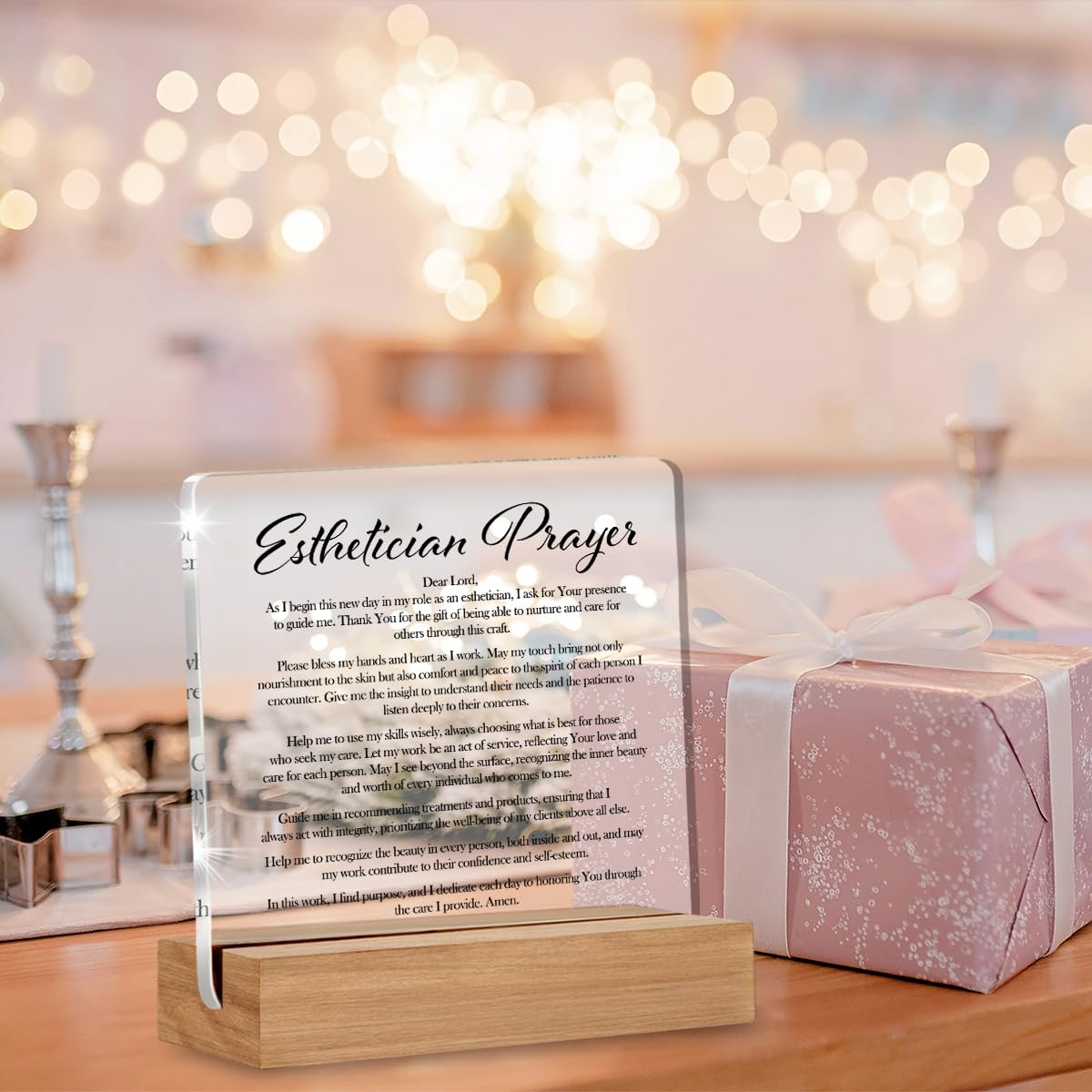 Esthetician Beauty Salon Office Desk Decor, Christian Religious Gifts for Women Beautician Cosmetologist, Esthetician Prayer Acrylic Desk Signs Decor 4 × 4 Inch