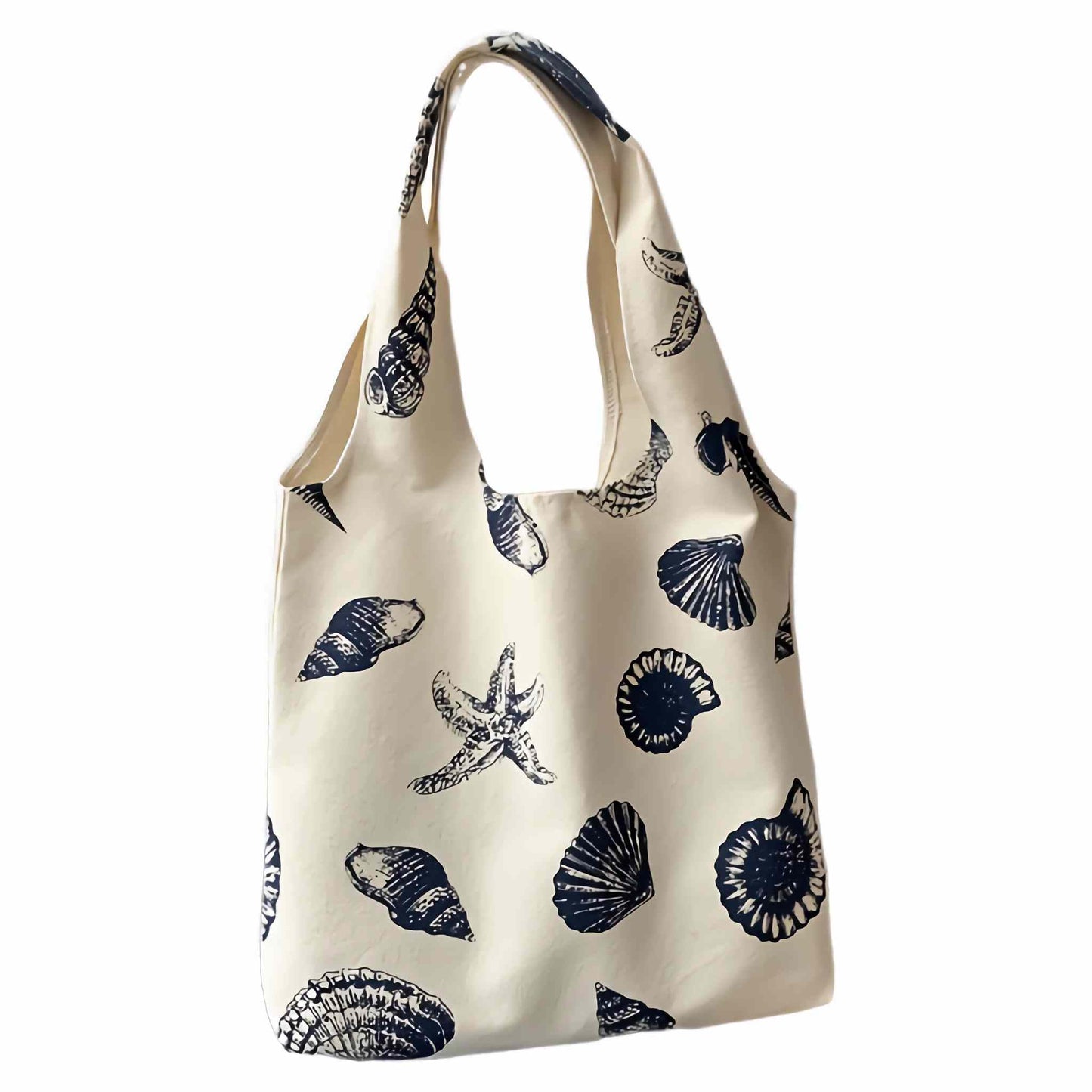 Beach Inspired Canvas Tote Bag For Women, Nautical Seashell And Starfish Print, Casual Shoulder Bag Aesthetic, Cute Small Book Tote, Portable Washable For Women Grocery Shopping Gift For Birthday Day