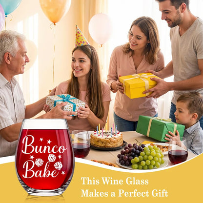 Bunco Babe Funny Stemless Wine Glass for Women, Bunco Party Supplies, Dice Game Night Group Gifts for Women Men Players Sisters Friends, Birthday Christmas Bachelor Gifts for Game Lover Coworker