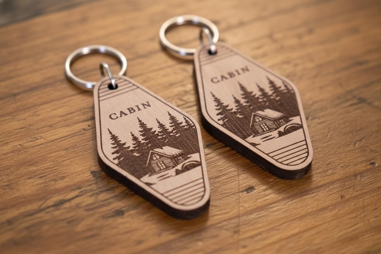 (2 Pack) Cabin Keychain – Double-Sided Laser Engraved – Real Wood – Rustic Cabin Gift