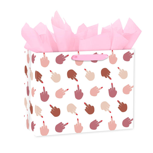 Loveinside 13" Large Funny Middle Finger Gift Bag, Bold Hand Gestures Pattern Gift Bag with Tissue Paper for Friends, Women, Adult Humor, Birthday, Bachelorette, Prank Gifts, 13" x 5" x 10", 1 Pcs