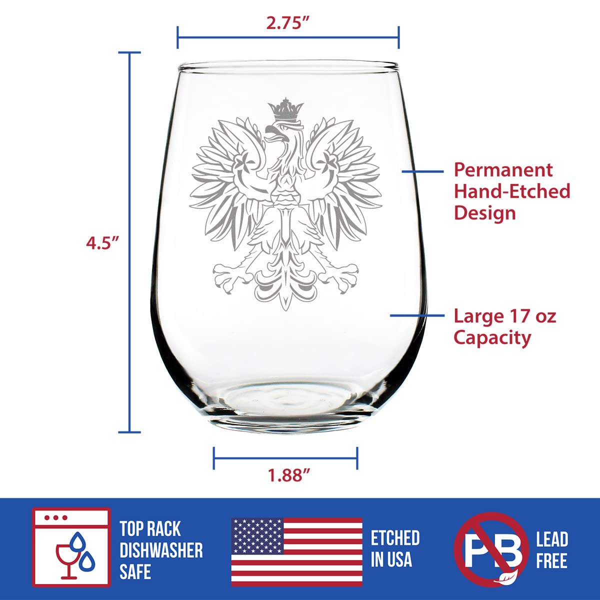 Bevvee Polish Eagle Stemless Wine Glass - Poland Gifts or Party Decor for Women & Men - Large 17 Oz Wine Glasses
