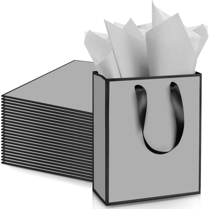 Yeaqee 24 Pack Metallic Paper Gift Bags with Handle and Tissue 9x7x3.1 Gold Foil Welcome Thank You Favor Bags Return Gifts for Wedding Graduation Bridesmaid Groomsmen Birthday(Gray, Black)