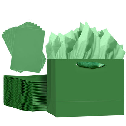 qiqee 5PCS Emerald Green Gift Bags with Ribbon Handles 9.6"x7.9"x4.3" Medium Size Gift Bags (Tissue Paper included, Medium Wide)