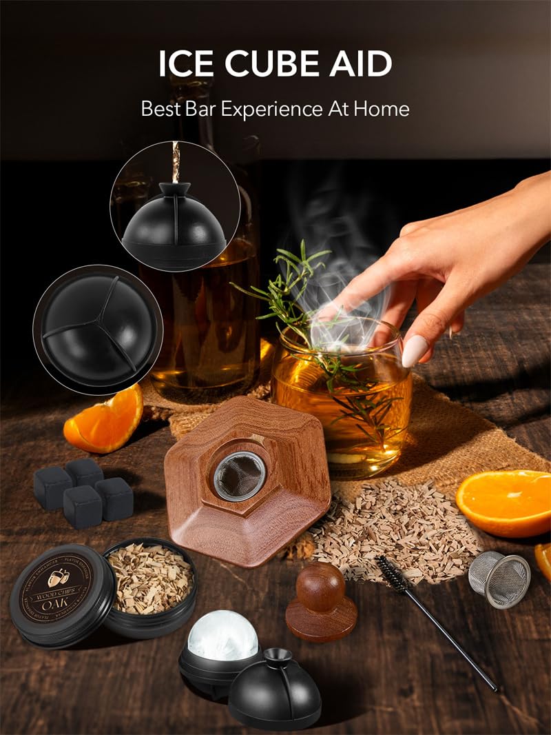 23Pcs Whiskey Smoker Kit with Torch-12 Wood Chips, Ice Ball Mold, Cocktail Smoker Infuser Kit, Old Fashioned Drink Smoker Kit, Birthday Bourbon Whiskey Gifts for Men,Dad,Him, Valentine's Day Gifts