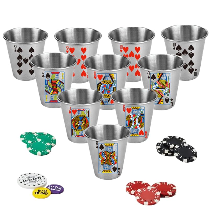 10-Pack Stainless Steel Poker Shot Glasses 2oz - Poker & Casino Theme Party Shots with Spades & Hearts- Durable Barware for Casino Nights, Gifts for Poker Players