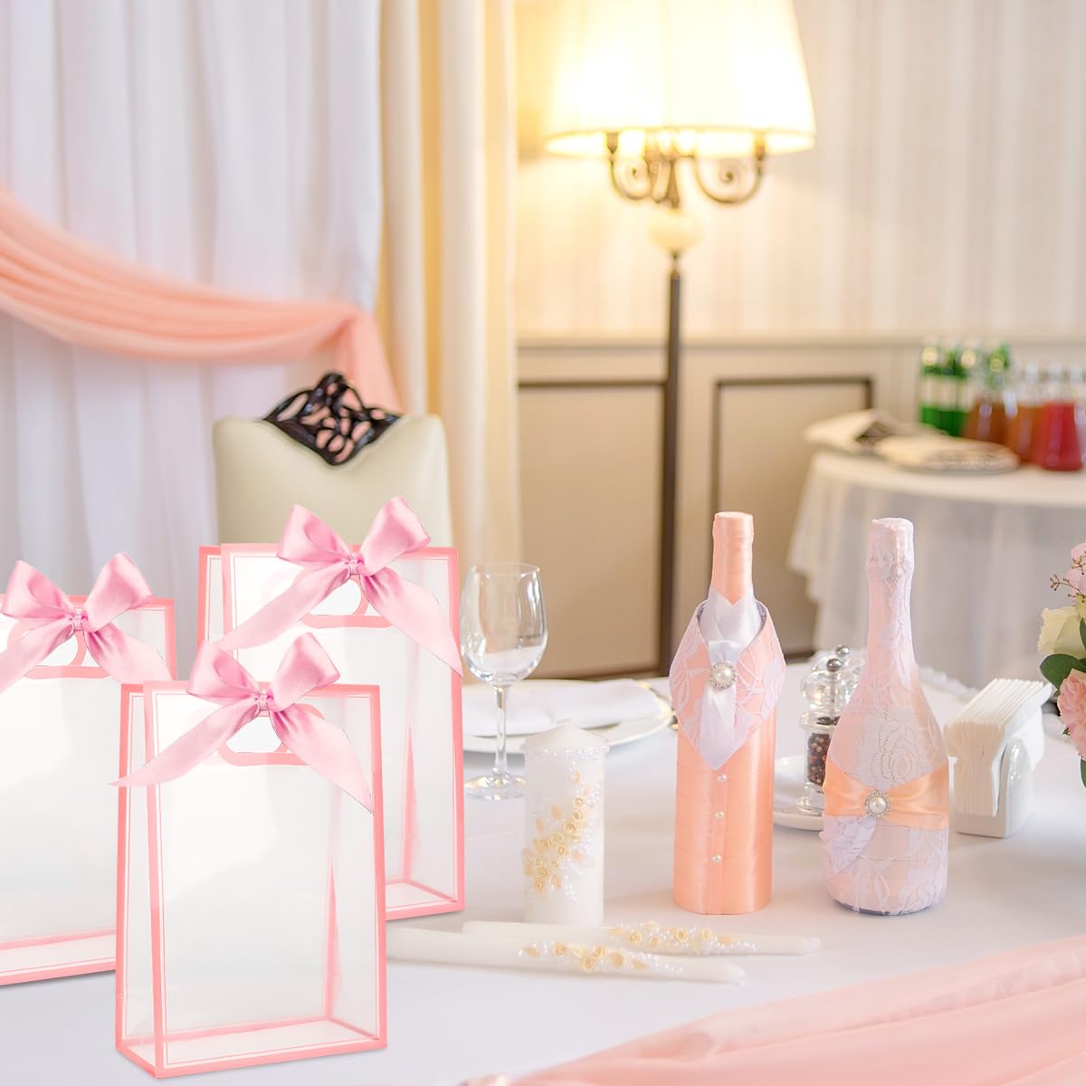 ZJHiome Clear Gift Bags with Handle, 8 PCS PVC Gift Bag with Ribbon Bow for Christmas Easter Wedding Baby Shower Birthday Party(Pink)