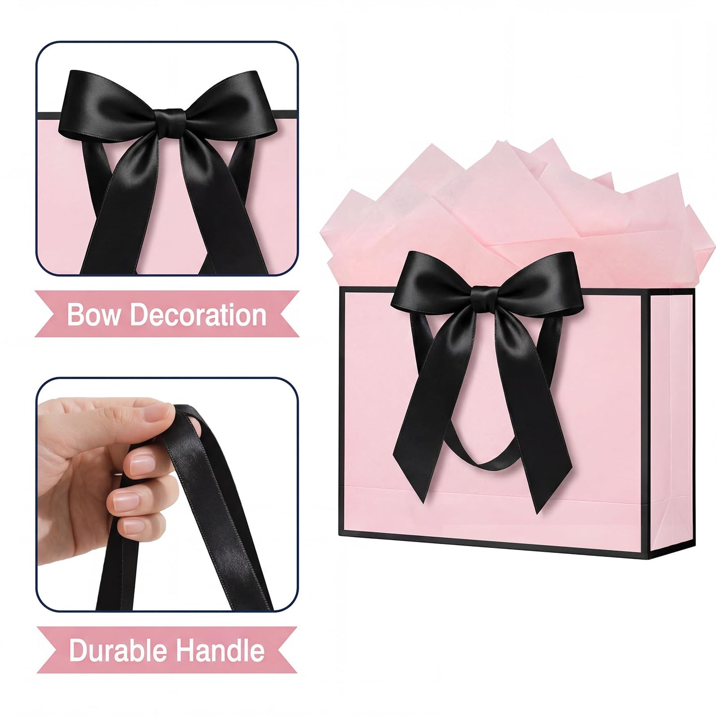 Laidans 13" Gift Bag with Handles and Bow Ribbon, Large Gift Bag with 3 Tissue Paper and 1 Card for Birthdays, Baby Showers, Wedding, Bridal Showers, Mother's Day (Light Pink)
