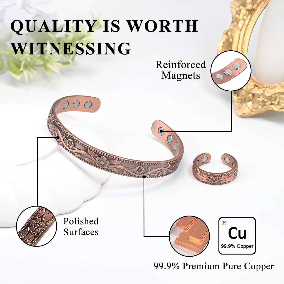 Vicmag Copper Magnetic Bracelet for Women Ultra Strength Magnetic Bracelets 99.9% Pure Copper Strong Magnets Gift Adjustable