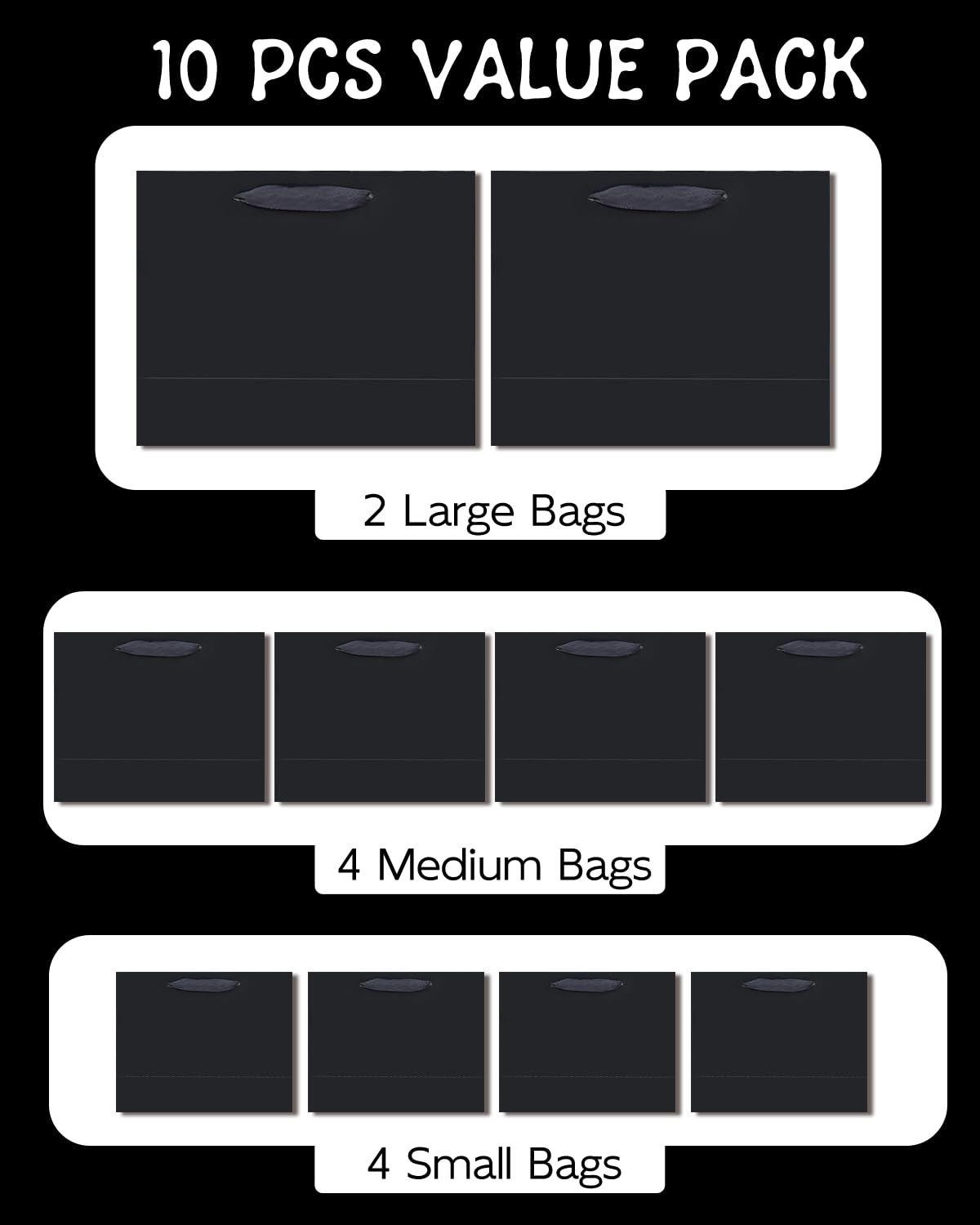 qiqee 10PCS Black Gift Bags with Ribbon Handles Mulit Assorted Sizes Gift Wide Bags (2pcs Large 13", 4pcs Medium 9.6", 4pcs Small 6.3",Tissue Paper)