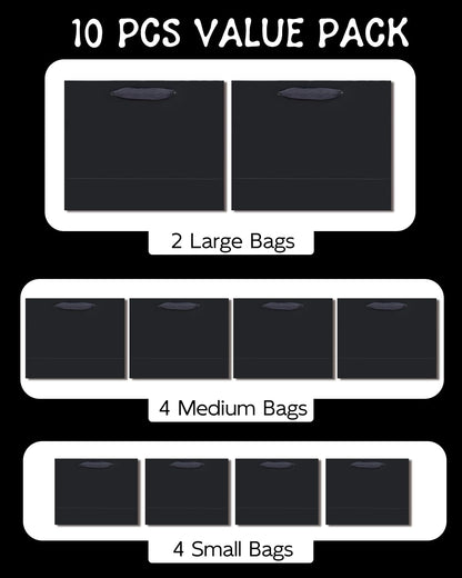 qiqee 10PCS Black Gift Bags with Ribbon Handles Mulit Assorted Sizes Gift Wide Bags (2pcs Large 13", 4pcs Medium 9.6", 4pcs Small 6.3",Tissue Paper)