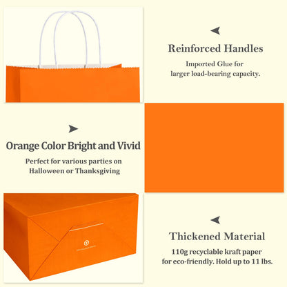BagDream Orange Gift Bags 10x5x13 Large Kraft Paper Bags with Handles Bulk for Halloween, Sporting Party Favors, Fall Festivals, Shopping, Retail, Grocery Paper Sacks 100Pcs