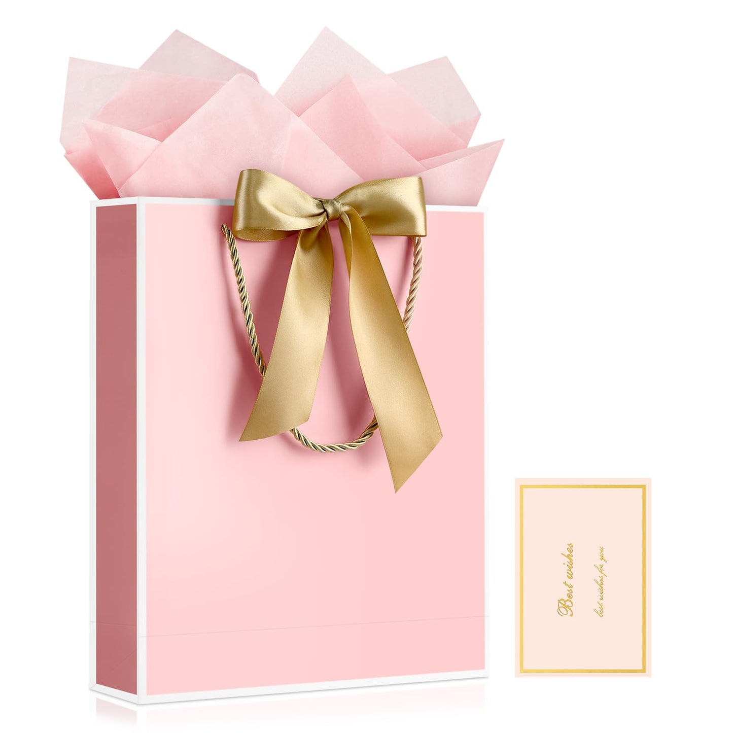 YoungTree Pink Gift Bags with Handles, 13" Medium Gift Bag with 2 Tissue Paper and 1 Card, Present Bag for Graduation Wedding Baby Shower Bridal Shower Birthday Party (Pink-White)