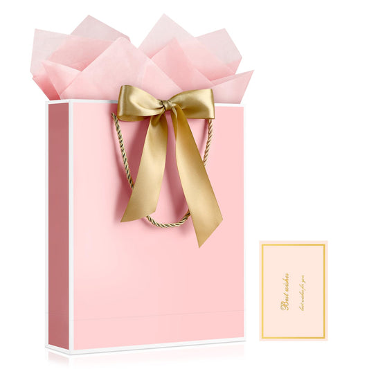 YoungTree Pink Gift Bags with Handles, 13" Medium Gift Bag with 2 Tissue Paper and 1 Card, Present Bag for Graduation Wedding Baby Shower Bridal Shower Birthday Party (Pink-White)
