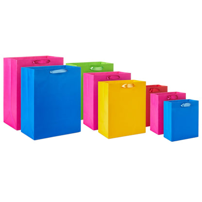 Hallmark Assorted Gift Bags (8 Bags: 3 Small 6", 3 Medium 9", 2 Large 13") Solid Pink, Blue, Green, Yellow, Red