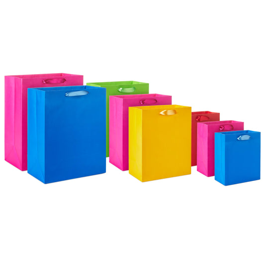 Hallmark Assorted Gift Bags (8 Bags: 3 Small 6", 3 Medium 9", 2 Large 13") Solid Pink, Blue, Green, Yellow, Red