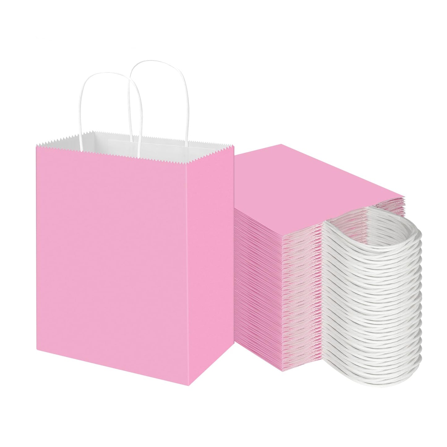 Toovip 100 Pack 8x4.75x10 Inch Medium Light Pink Kraft Paper Bags with Handles Bulk, Gift Wrap Bags for Favors Grocery Retail Party Birthday Shopping Business Goody Craft Merchandise Take Out Sacks