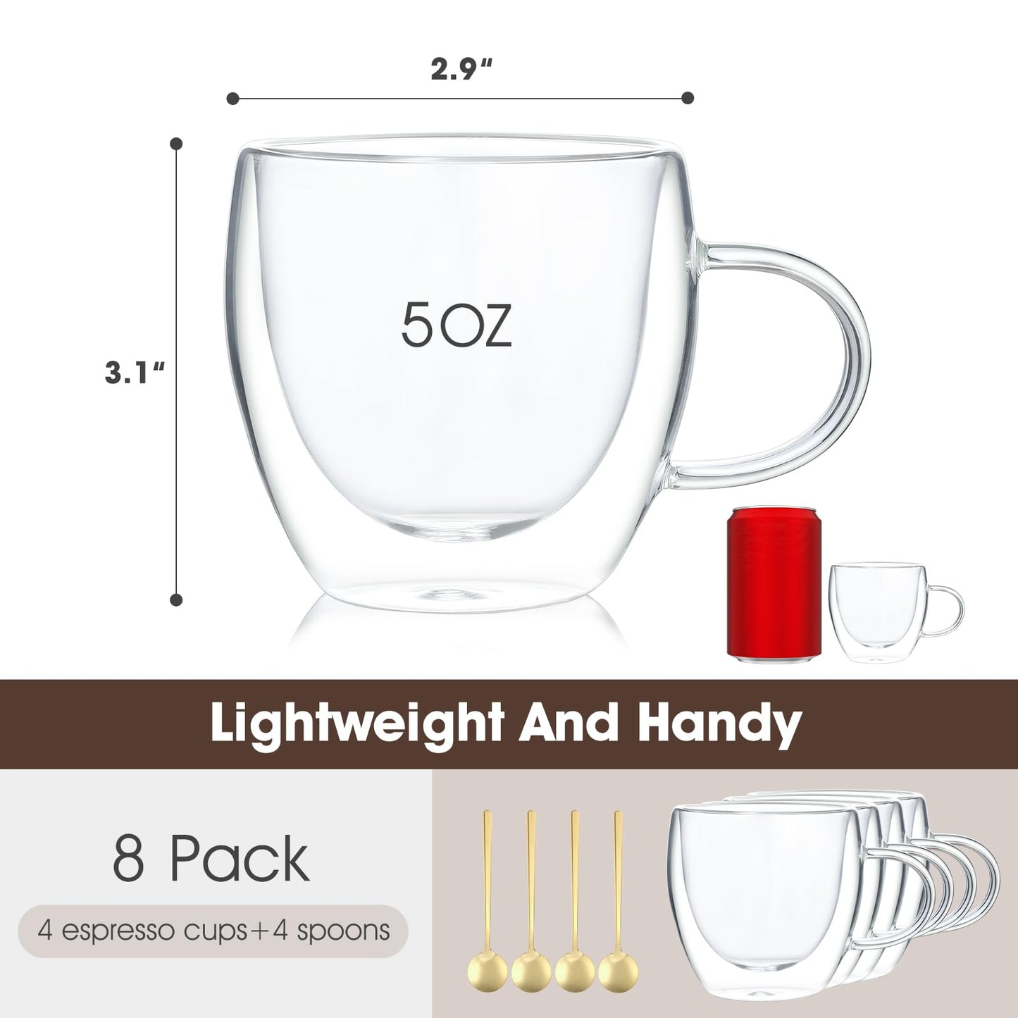 VENVENWEAVS Espresso Cups Set Of 4,Double Wall 5OZ Hand Blown coffee Shots Glass,Espresso Coffee Mugs In Gift Box,Perfect For Espresso,Latte,Cappuccinos,Tea Bag,Juice