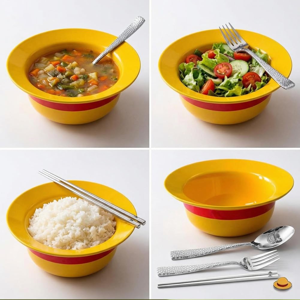 5-in-1 Gift Set - 7.5" Straw Hat Shaped Ceramic Bowl with Stainless Steel Utensils - Novelty Ramen Bowl for Noodles, Salad, Cereal - Unique Japanese Style Kitchen Decor Gift for Anime Lovers