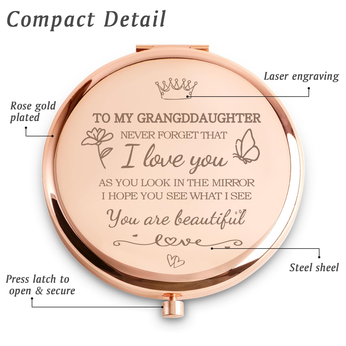 Granddaughter Gifts from Grandma Grandpa Grandparents, Personalized Gift for Granddaughter, Custom Compact Mirror for Birthday, Graduation, Mothers Day, Basket Stuffers