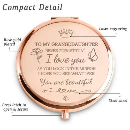 Granddaughter Gifts from Grandma Grandpa Grandparents, Personalized Gift for Granddaughter, Custom Compact Mirror for Birthday, Graduation, Mothers Day, Basket Stuffers