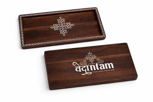 Acacia Wood Kolam Art Decorative Tray - Indian Return Gifts for Pooja, Diwali, Housewarming, Navratri - Gift Bag Included - 11 x 5 Inch - Set of 4