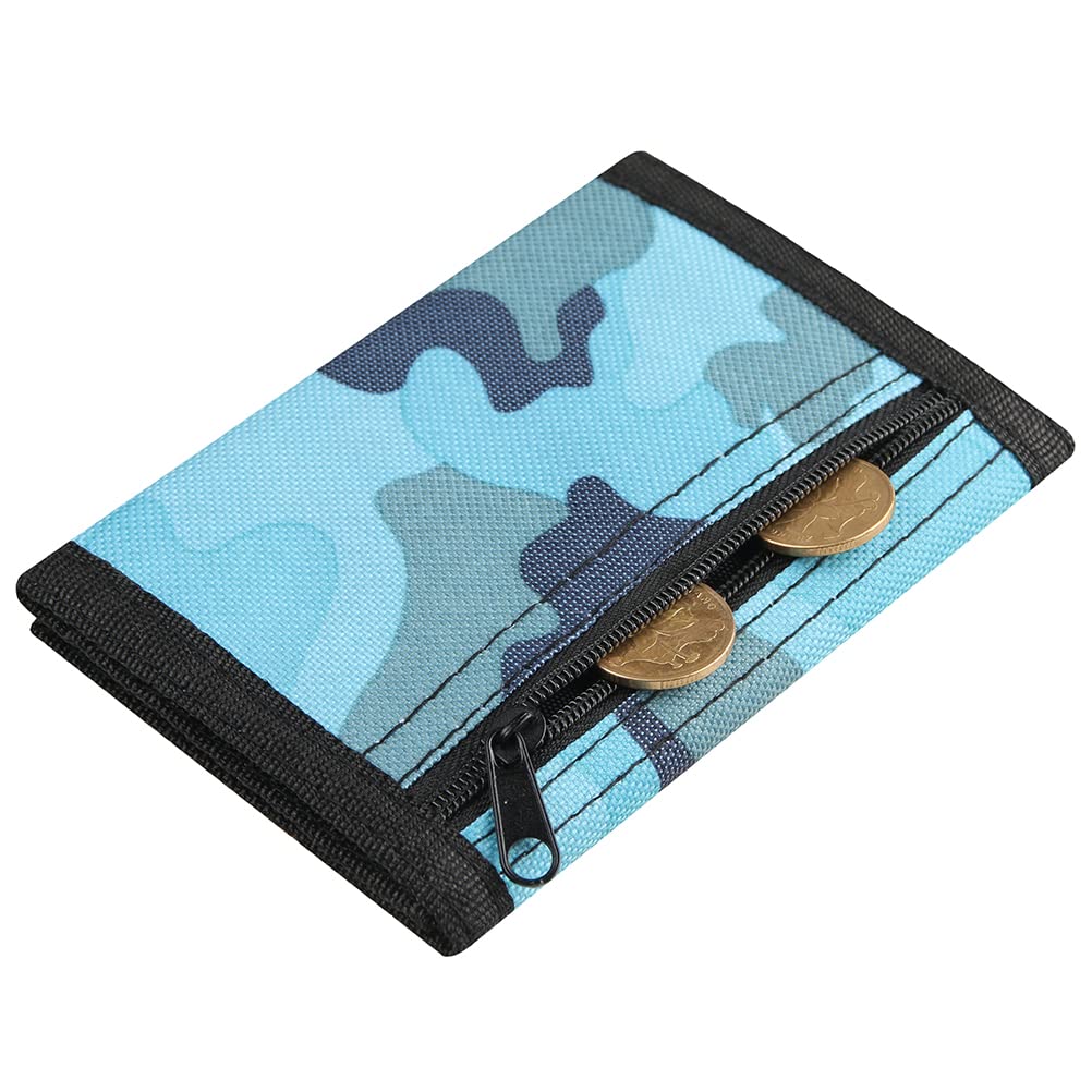 Kids Boys RFID Wallet with Magic Sticker, Teen Camo Nylon Wallet for Christmas/Birthday Gift Ideas (Camo Blue)