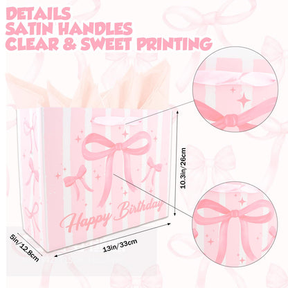 KEUKORZ Pink Birthday Gift Bag Set-Comes with Tissue Paper and Greeting Card, Large 13x10.3x5 Inch Bow Design Gift Wrapping Set, Perfect for Girls and Women